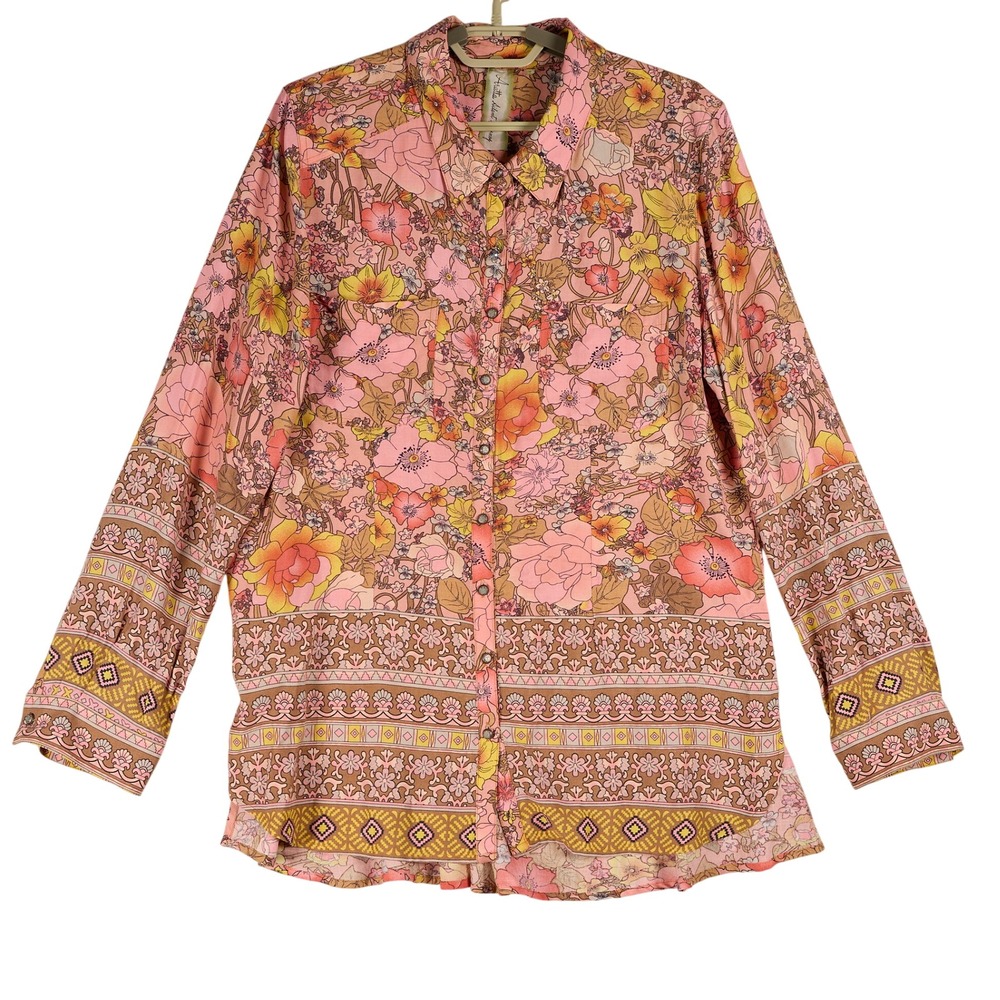 Aratta Silent Journey Pink‎ Floral Border Print Button Up Shirt Women L Rayon